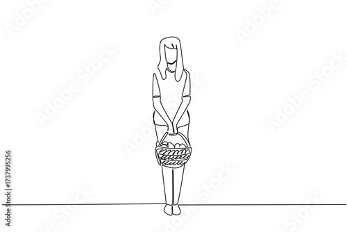 Single continuous line drawing a woman carrying a rattan basket filled with mushrooms with both hands. Hunt until get a large amount. National Mushroom Hunting Day. One line design vector illustration