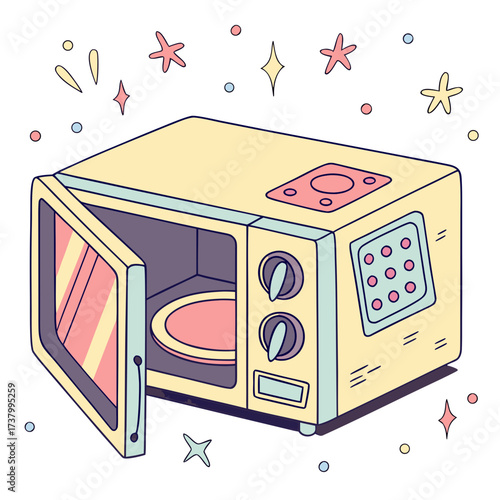Yellow microwave oven with open door and pastel accents