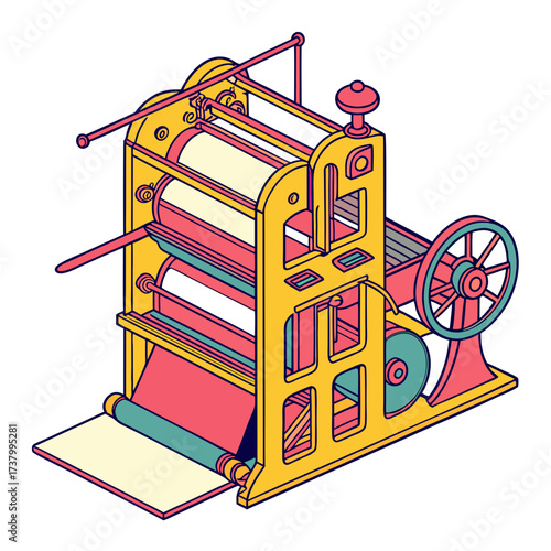 Yellow printing press machine with pink and teal accents