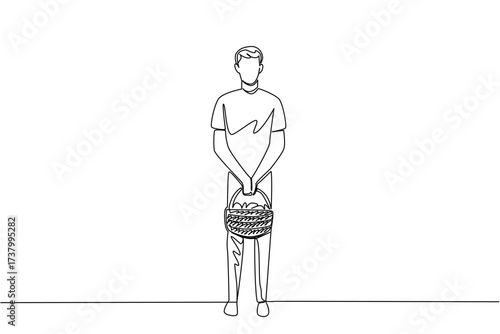 Continuous one line drawing a man carrying a rattan basket filled with mushrooms with both hands. Coming home after hunting. National Mushroom Hunting Day. Single line draw design vector illustration
