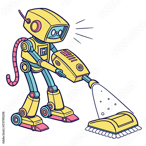 Yellow robot vacuum cleaner with pink and blue accents
