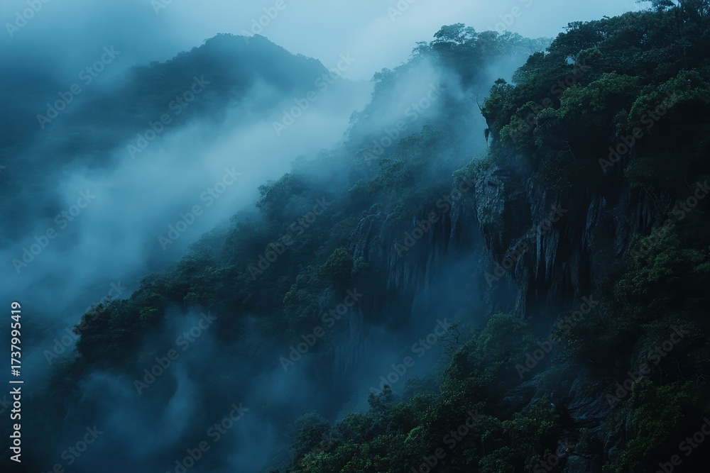 Fototapeta premium Mountains covered in fog, lush trees clinging to the steep cliffsides. Use to evoke feelings of mystery, nature, and faraway places.