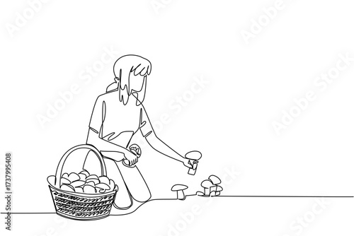 Single one line drawing a woman picking mushrooms and rattan basket full of mushrooms. Harvesting from tropical rainforests. National Mushroom Hunting Day. Continuous line design graphic illustration