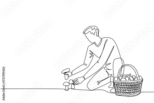 Continuous one line drawing a man picking mushrooms and a rattan basket full of mushrooms. It will be a very delicious dish. National Mushroom Hunting Day. Single line draw design vector illustration