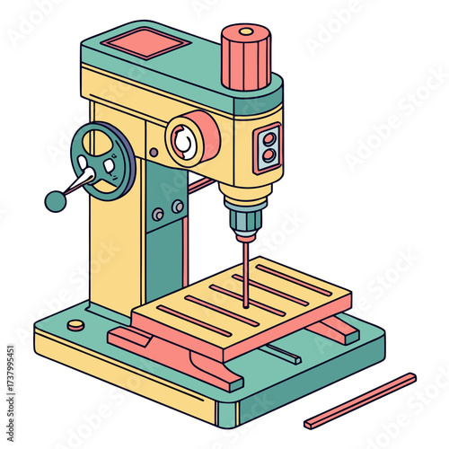 Yellow teal coral drill press machine isometric industrial