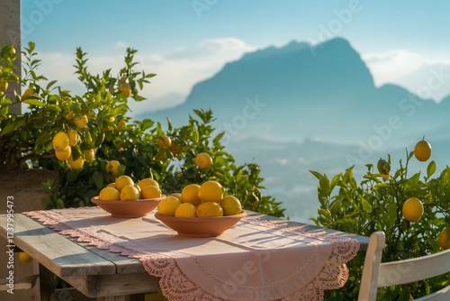 A sun drenched wooden table set with bowls of ripe lemons on a balcony overlooking a misty mountain landscape with lush green trees and a clear blue sky