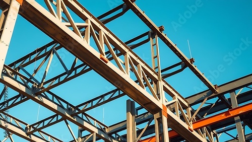 Industrial steel structure with geometric patterns, highlighting construction progress under clear skies.