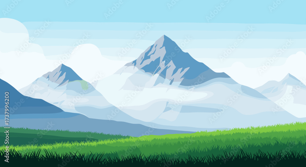 Fototapeta premium A serene mountainous landscape with rolling green hills and soft clouds on a clear day.