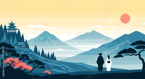 A serene landscape of rolling hills with a distant pagoda and two figures in traditional attire gazing at the setting sun.