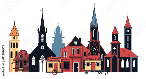 A collection of diverse buildings and architectural styles representing a quaint village scene.