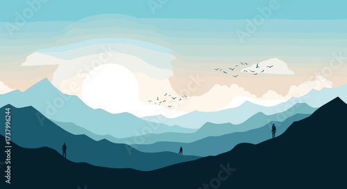Serene landscape of layered mountains at sunrise with solitary figures.