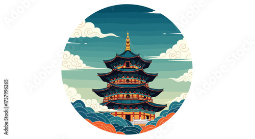 An ancient five-story pagoda with intricate architectural details stands tall against a vibrant sky with fluffy clouds and lush green foliage.