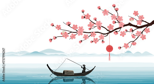 A solitary fisherman casts his line from a traditional boat beneath a blooming cherry tree with a red lantern.