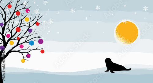 A lone seal watches the winter sunset under a decorated tree with colorful ornaments.