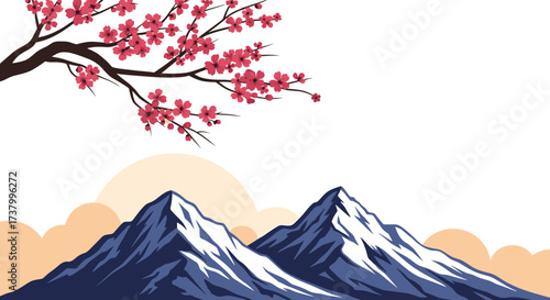 Beautiful Japanese mountain landscape with blooming cherry blossoms and soft clouds in the background.
