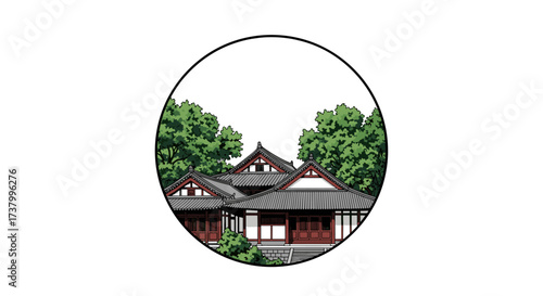 Traditional Japanese architecture with distinct rooflines and lush green trees surrounding the buildings within a circular frame.