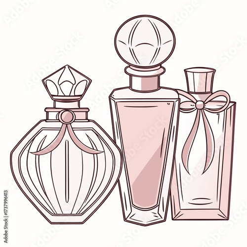Three elegant perfume bottles in pink hues stand together against a white background