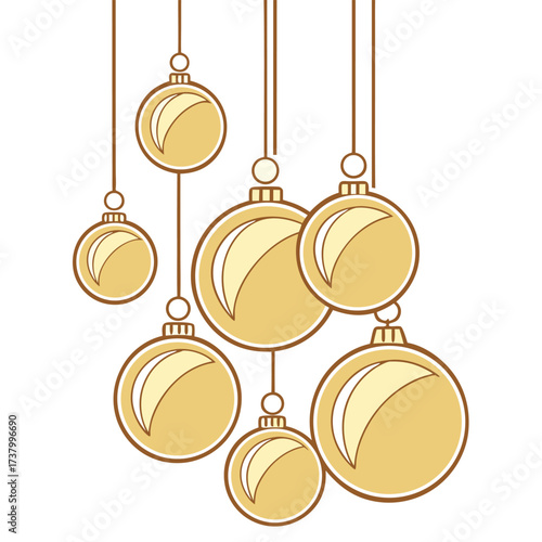 Many golden Christmas ornaments hang in simple line drawing against a white backdrop