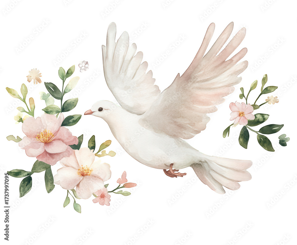 Fototapeta premium Watercolor painting of a white dove in flight surrounded by pink flowers and green leaves, creating a serene and peaceful scene, isolated on transparent background