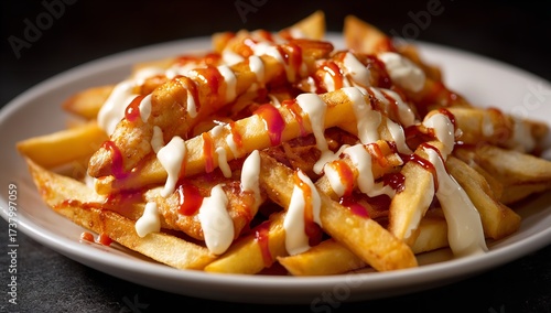 Indulgent crispy golden french fries generously drizzled with creamy mayonnaise and zesty ketchup create a mouthwatering snack