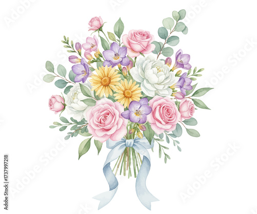 Wallpaper Mural Lush floral bouquet of roses, daisies and freesias vector illustration. Soft pink roses, yellow daisies, white peonies and purple freesias, tied with a lovely blue ribbon. Wedding bouquet, gift flower Torontodigital.ca