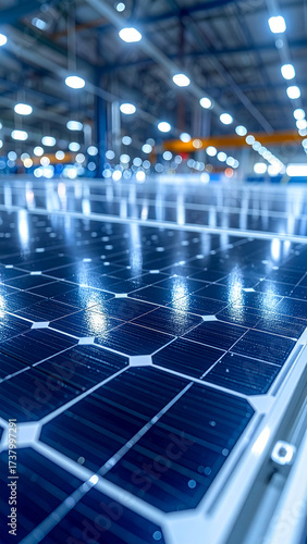 A near view of a freshly produced solar panel glistening under industrial lights illustrating the smooth interface between perovskite and tandem layers that contribute to the high efficiency
