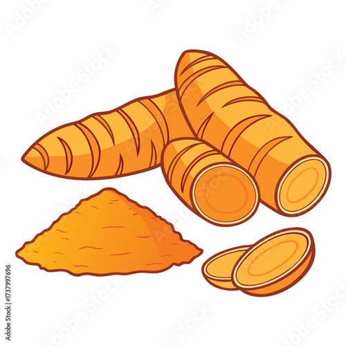 Cartoon turmeric roots, slices, and ground powder are displayed on a transparent background