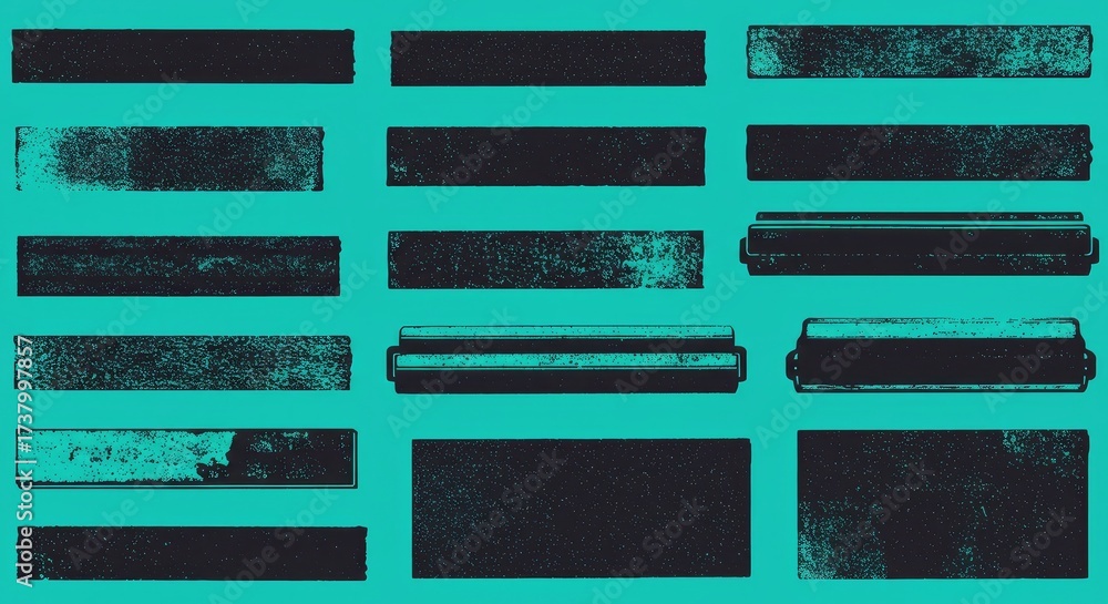 Fototapeta premium Collection of linocut rectangle textures with ink roller effects on a bright neon turquoise background. Vintage letterpress overlays with rough edges for urban and street art designs. 