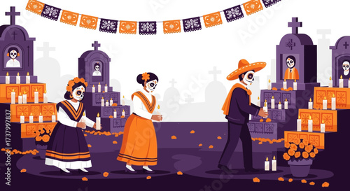 Day of the Dead Celebration with Decorated Graves and People in Traditional Costumes