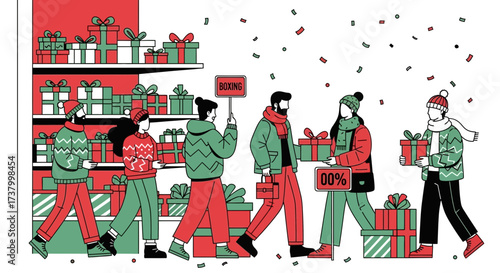 Festive Boxing Day Shopping Spree: People exchanging gifts amidst holiday cheer and big sales