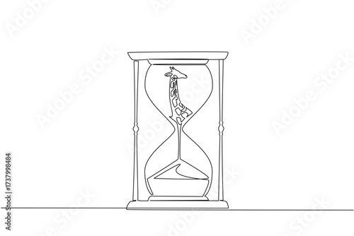 Single one line drawing the bottom of the giraffe is sucked into the hourglass. Unique animals staring at extinction. National Endangered Species Day. Continuous line design graphic illustration