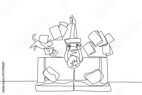 Continuous one line drawing man sits on floor types on laptop with papers scattered around and cat lying down. Smooth business. National Work From Home Day. Single line draw design vector illustration