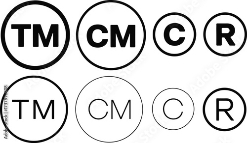 Trademark TM, Copyright C, Registered R, and CM circle symbols, vector black outline icons, legal protection mark signs, intellectual property design illustration