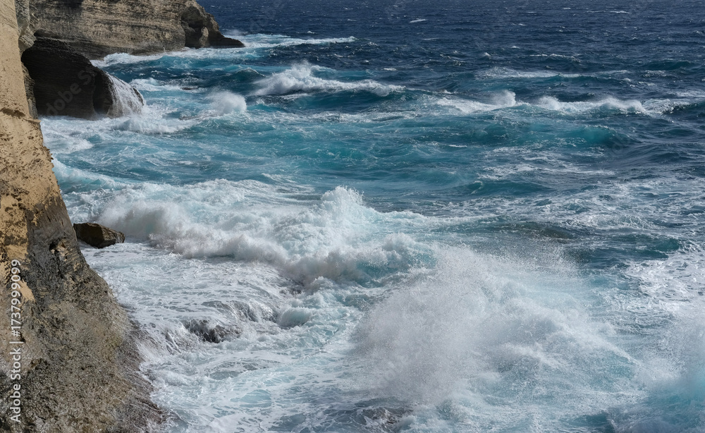 Fototapeta premium Deep blue sea with rolling waves and foamy crests, capturing the motion of the open ocean.