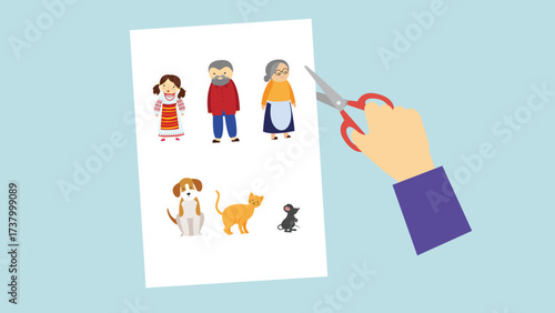 Illustration of an elderly woman cutting a piece of paper with her dog