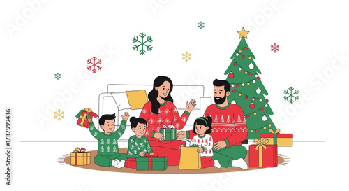 Happy family celebrating christmas eve together opening gifts in cozy living room setting