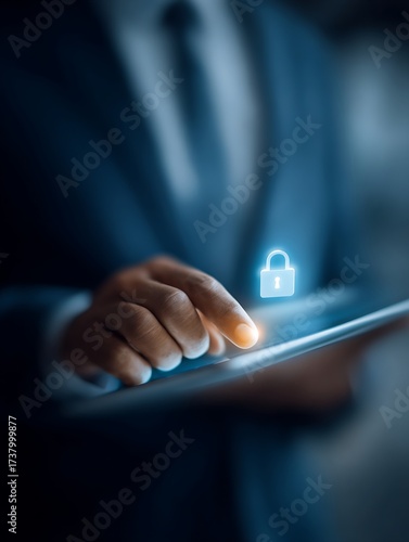 Strategic digital protection. A professional securing confidential information on a touchscreen