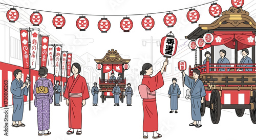 Japanese festival with people in traditional clothing and lanterns creating a celebratory atmosphere