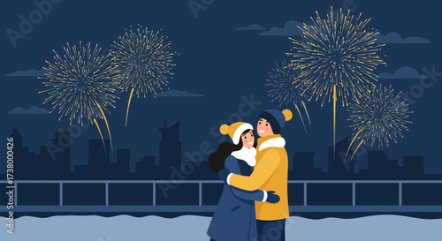 Romantic couple celebrating New Year's Eve with fireworks display over cityscape creates a festive