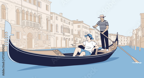 Romantic gondola ride in Venice with a gondolier and a passenger enjoying the scenic views of the