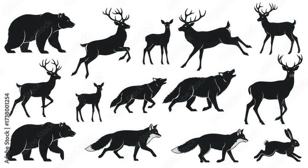 Obraz premium Vector animals silhouette set bear deer wolf fox rabbit wildlife nature design graphic illustration art