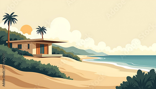 A modern house sits along a sandy beach, surrounded by palm trees and greenery. The sun sets in the background, casting a warm glow over the waves and mountains