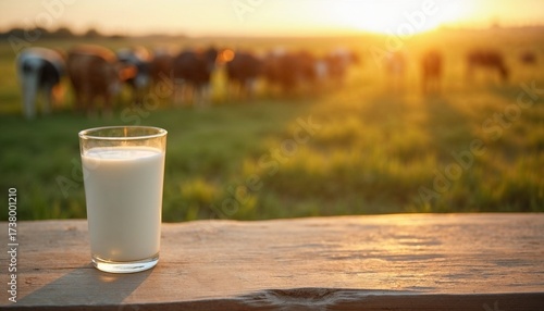 A glass of fresh milk sits on a wooden table as the sun sets, casting warm light over a lush green field where cows graze peacefully in the background