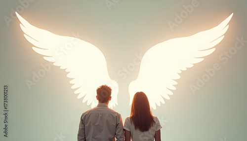 A couple stands side by side gazing at large angel wings illuminated on the wall. The serene setting evokes feelings of hope and connection