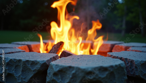 Bright flames rise from a carefully arranged fire pit made of stones in a serene backyard setting. The warm glow creates an inviting atmosphere during the evening