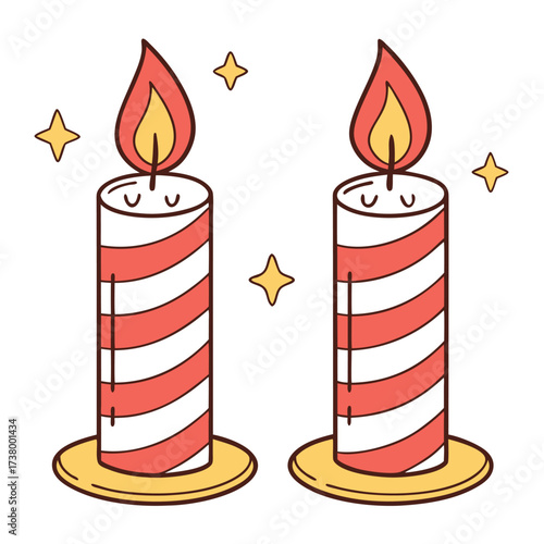 Two striped candles with yellow flame are burning near twinkling starbursts transparent background