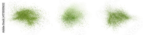 Set of isolated green matcha tea dust and powder splashes with mint spray effect, top view on white background.