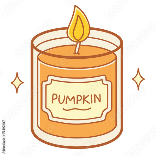 Cartoon pumpkin candle emits a bright flame, adding sparkle with a transparent background