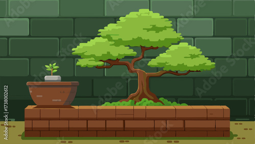 A mosscovered wall with a small bonsai tree p in front of it