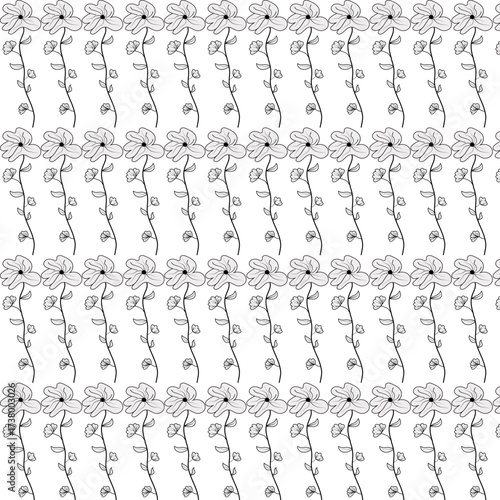 Seamless black and white floral pattern, hand-drawn line art flower wallpaper, decorative vine textile design for fabric, wrapping paper, colouring and digital art